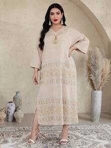 Elegant Embroidered Beaded Gold Arabic Dress JALABIA With Tassel V-Neck Slit Hem Mid-Length Sleeve, Graceful 2026 New Style Ramadan Traditional - Apricot - View 2