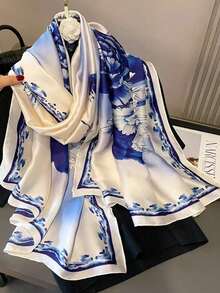 1条女士印花仿丝围巾，时尚百搭披肩，适合春秋季、旅行和日常装饰 - 藍白色 - 查看 5