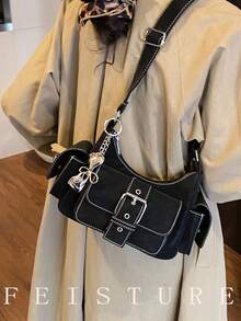 1个FEISTURE PU面料多口袋单肩斜挎包，翻盖小方包，拉链封口，适合女孩、女士、大学生、年轻职业人士，非常适合工作、商务、通勤、上学等场合。 - 黑色 - 查看 6