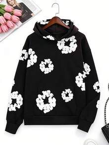 Sudadera Unisex con Capucha Estampado Flores - Mezcla de Estilo Vintage Y2K y Gótico Harajuku para Hombre | Sudadera Oversize de Algodón para Streetwear Alternativo, Looks Grunge y Outfits de Moda Urbana para Festivales o Uso Diario con Envío a Todo México. - Blanco y Negro - Ver 8