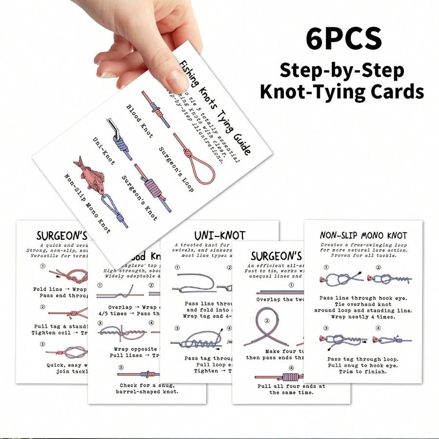 6张分步讲解钓鱼结打法卡片，教你如何打实用钓鱼结，经久耐用，适合初学者和钓鱼爱好者，是钓鱼教学辅助工具，钓鱼结打法指南卡片 - 均碼 - 查看 1