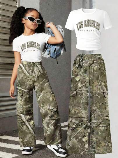 2pcs Girls Camouflage Pants And Letter Print Long Sleeve Top Set