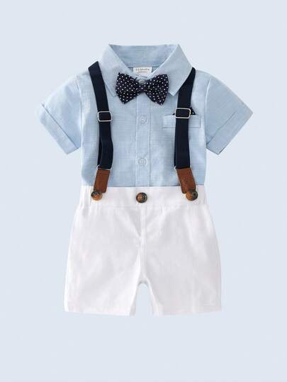 BOARNSEORL 2pcs Baby Boys Gentleman Outfit Set: Short Sleeve Shirt With Bow Tie And Overalls Shorts, Suitable For Birthday Party, Wedding, Full Moon Celebration