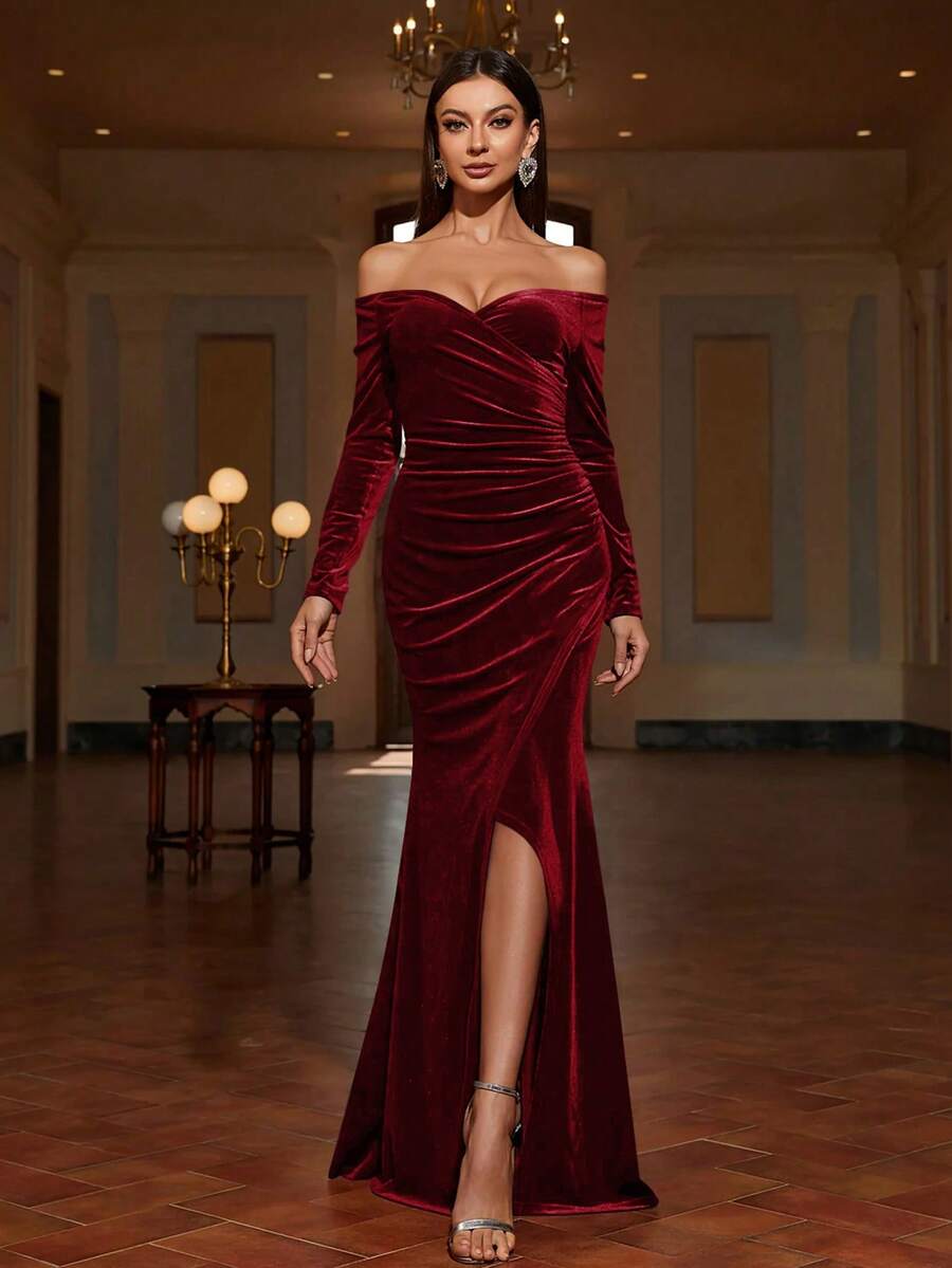 Women's Off-Shoulder Slit Dress: Elegant Pleated Fitted Long Sleeve Evening Gown, Perfect For Parties And Banquets - Red - View 1