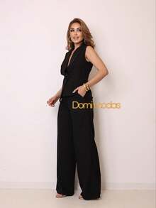 Domi Modas Conjunto Feminino Calça Pantalona e Colete Detalhe de Botão Luis Twill 91102 - Preto - Visão 1