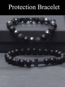 2pcs Men Protection Bracelet Sets- Black Obsidian With Cross Bracelet Confidence, Grounding, Harmony, Healing Yoga Meditation Jewelry Gifts - Black - View 3