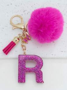 Shiny Letter Keychain Fluffy Tassel Keyring - Fashionable Bag And Car Key Accessories Ideal As Bridal Shower Wedding And Birthday Gifts Charming Wallet Pendant Women Fashion Keychain Y2K - Hot Pink - View 7