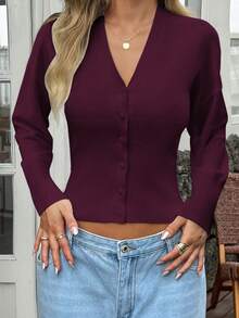 Áo cardigan dài tay cổ chữ V màu trơn, thiết kế cúc cài, phong cách Y2K lấy cảm hứng từ cô gái trẻ trung, gợi cảm, phù hợp cho mùa xuân, ngày Valentine và mùa tựu trường. - Màu đỏ tím - Xem 9