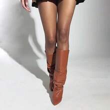 Women's Slouched Ruched Fold Over Boots - Patent Leather Covered Wedge Heel Wide Calf Pointed Toe Knee High Casual Boots - Tan - View 4