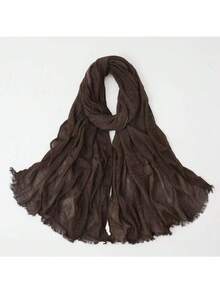 1件装女士纯色褶皱流苏穆斯林头巾披肩，柔软透气时尚百搭围巾 - 彩色 - 查看 14