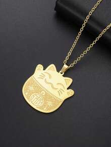 1pc Classic Stainless Steel Cute Cat & Blessing Character Pendant Necklace, Lucky Amulet Jewelry Gift For Men & Women - Cat - View 2
