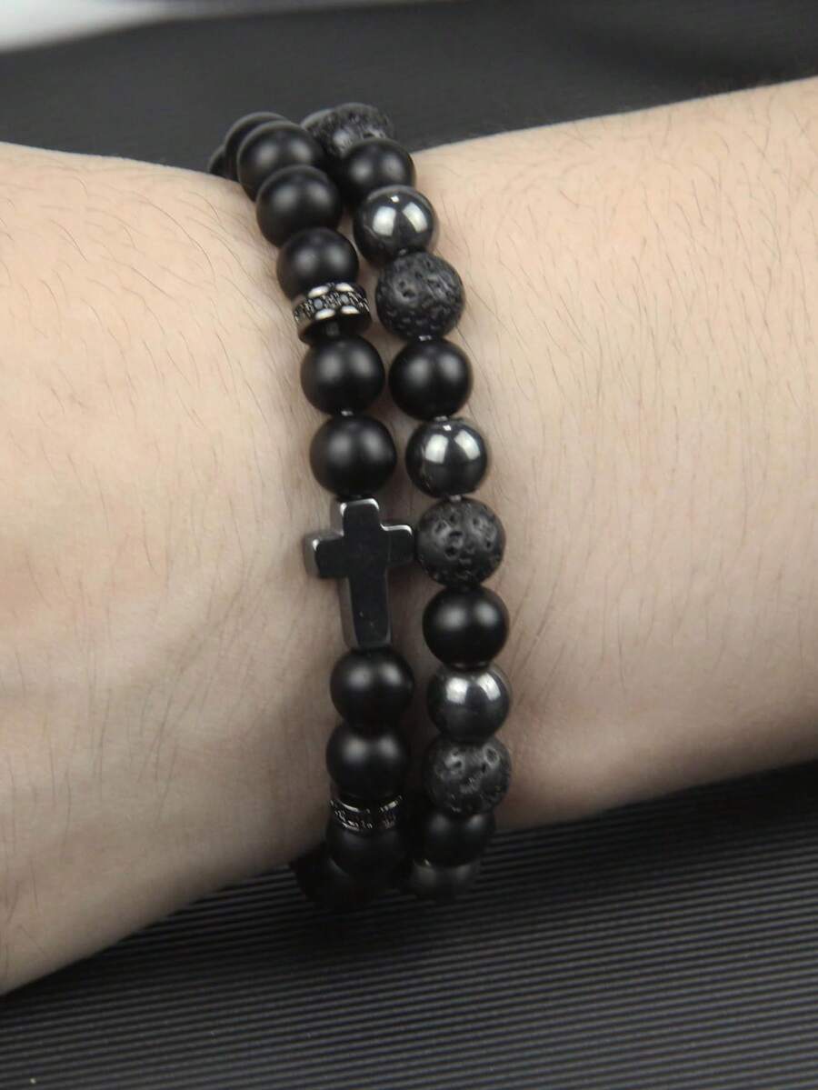 2pcs Men Protection Bracelet Sets- Black Obsidian With Cross Bracelet Confidence, Grounding, Harmony, Healing Yoga Meditation Jewelry Gifts - Black - View 1