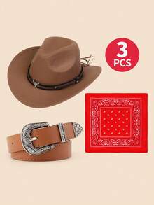 3套儿童西部牛仔服装，牛仔帽带和佩斯利花纹头巾派对礼服 - 3Sets禮帽+紅色方巾 - 查看 14
