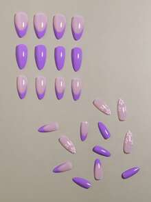 VV MEI JIA ER 24pcs Medium Size Purple Almond Flower Pattern Wearable Press-On Nails, Includes 1 Nail Glue Tape And 1 Nail File, Nail Art Supplies - Purple - View 3