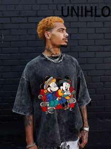 Disney UNIHLO  Mickey   Printed Summer Heavyweight Retro Washed Street Fashion Casual T-Shirt - Black - View 1