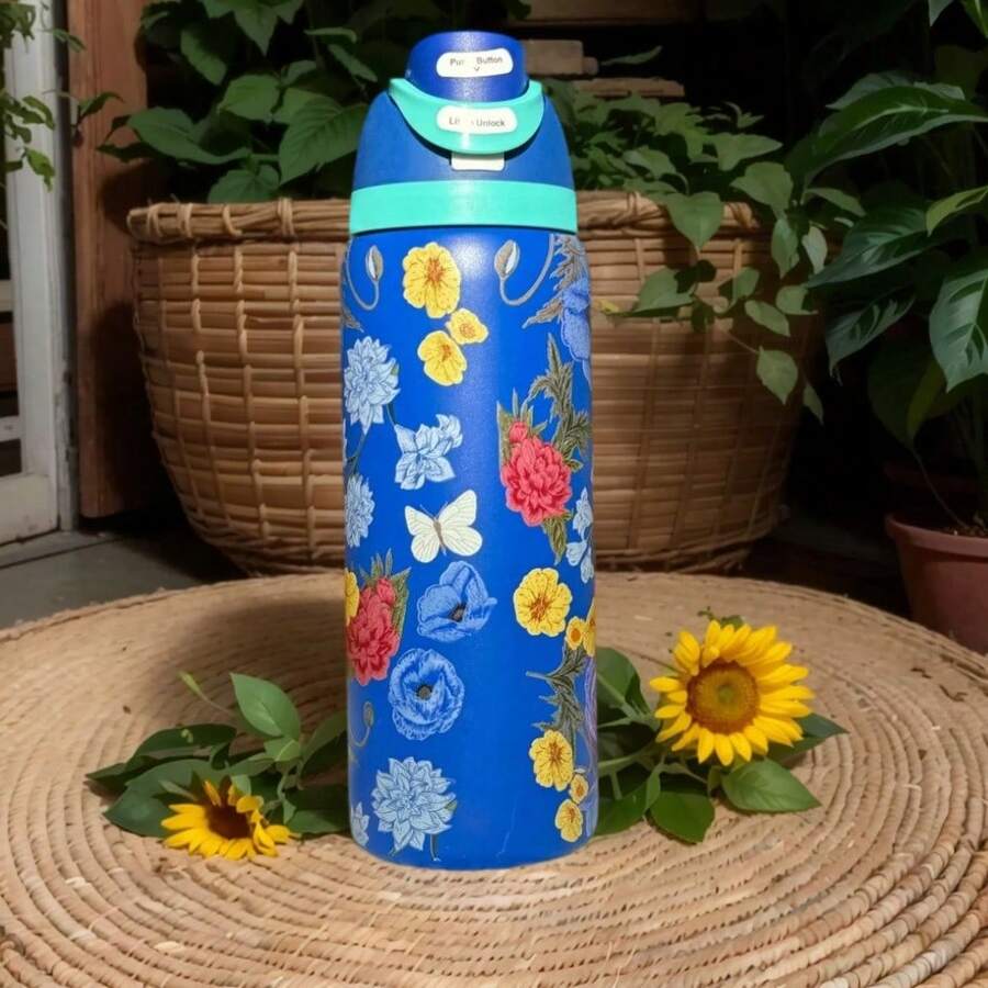 Owal'o 32oz Stainless Steel Insulated Water Bottle - Keeps Beverages Hot Or Cold For Extended Periods, Available In Various Floral Designs, Features A Pop-Up Lid, Carrying Handle, And Straw, Perfect For Outdoor Activities, Car Use, Sports, And As A Gift. - 藍色 - 查看 1
