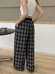 1pc Women's Black & White Plaid Casual Pants, Homewear, Casual, Y2K Style Suitable For Outings, Autumn/Winter Clothing, Daily Versatile, All Season - Black - View 3