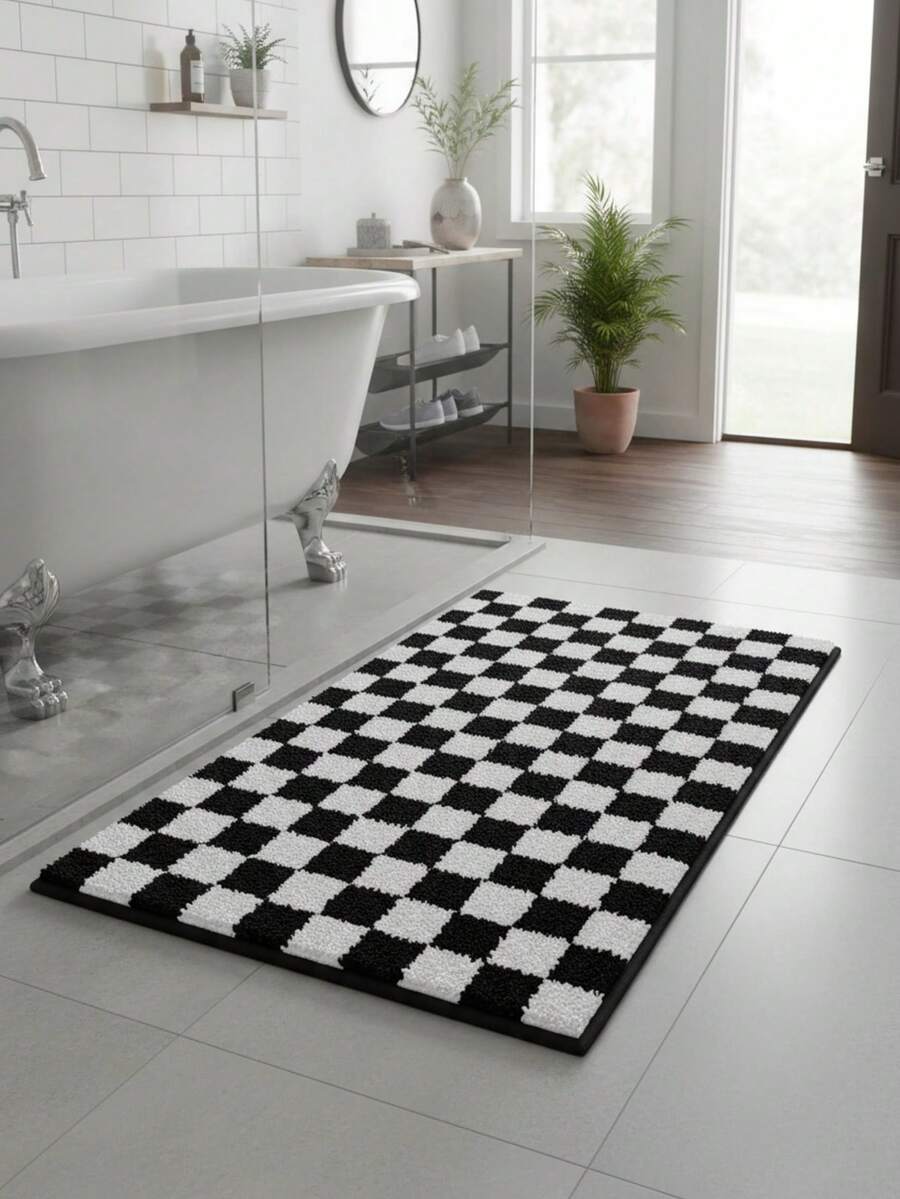1pc Non-Slip Absorbent Bathroom Mat - Checkered Black And White Pattern, Suitable For Bathroom, Entryway, Kitchen, Living Room, Machine Washable, Anti-Slip, Daily Decor - Multicolor - View 1