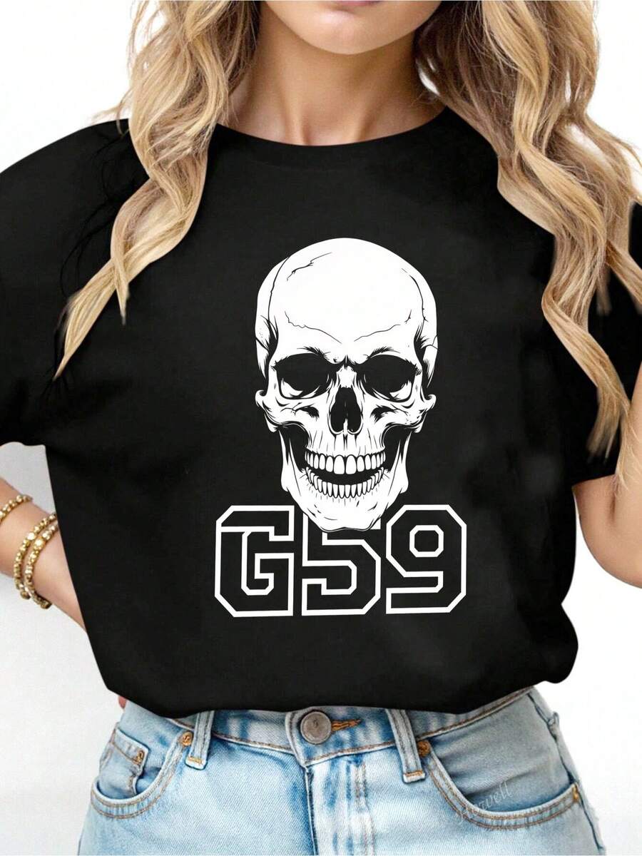 Women's T-Shirts Skull With Goggles And G59 Text 100%, Breathable-1 - 黑色2 - 查看 1