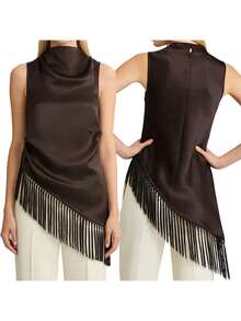 Women's Summer Tassel Hem Vest Brown Sleeveless Solid Color High Neck Long Tank Tops - nâu sẫm - Xem 5