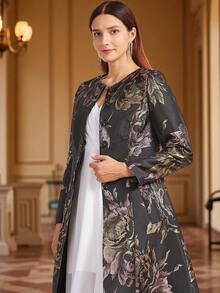 DEVCHATA Luxury Women's Elegant Long Jacquard Trench Coat, Round Neck Design, Suitable For Formal Dinners, Christmas Parties, Vacations And Autumn/Winter Dates (Flower Placement Random) - Black - View 6