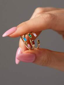 Customizable Square 12-Month Birthstone Open Ring, Can Embed 2 Birthstones, 12 Color Options, Creative Surprise Gift, Perfect For Loved Ones, Friends And Family - Yellow Gold - View 2