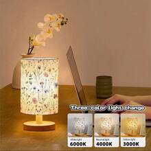 Lámpara de escritorio con patrón de flores, bombilla LED incluida (tres ajustes de iluminación), pequeña lámpara de mesita de noche - base de madera clásica con pantalla de tela de lino, lámparas para mesitas de noche, luz de mesita de noche sencilla para dormitorio, oficina, escritorio - Multicolor - Ver 8