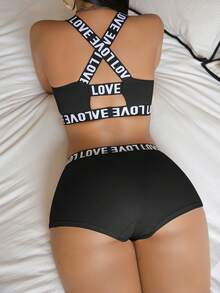 Letter Print Women Wireless Gather Bra, Comfortable Breathable Hipster Panty, Fashion Versatile Bra And Panty Set - Black - View 6