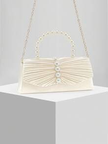 Neue plissierte Satin Perlen Dekor Abendtasche, Clutch mit Kettengurt, geeignet für Hochzeiten, Galas, Partys, Bankette. Perfektes Geschenk für Frauen - Aprikosenfarben - Übersicht 3