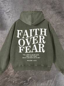 Men's Fashionable Autumn Washed Distressed Pocket Hoodie, Men's Vintage Washed Hooded Sweatshirt With Faith Over Fear Back Print - Y2K Streetwear Oversized Pullover, Pink & White Retro Lettering, Hip-Hop Campus Style, Loose Fit Casual Sweater For Men, All-Season Comfort, Machine Washable, Cordless Design With Front Pocket, Double-Sided Print, Relaxed Fit For Parties & Casual Attire, Sweatshirt For Men, Hoodie, Plus Size Hoodies For Men, Hoodie Jacket For Men, Thick Hoodies For Men - Street Fashion Outerwear - 橄欖綠 - 查看 3
