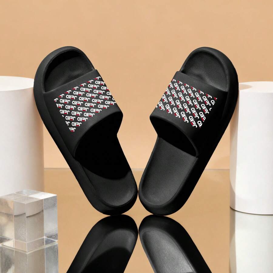新款情侣拖鞋，防滑厚底，时尚印花设计，男女款均有加大码可选 - 黑色 - 查看 1