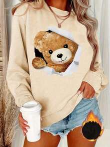 Hoodies For Women2025 New Sweatshirts Women's Teddy Bear Print Round Neck Sweater - Torn Paper Design, Soft And Padded Texture, Machine Washable, Ideal For Casual Fits In Winter And Autumn Loose And ComfortableLoose And Comfortableed Hardy Clothes Tops - 黑色 - 查看 5