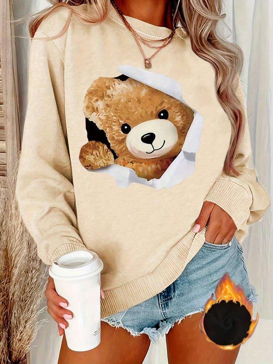 Hoodies For Women2025 New Sweatshirts Women's Teddy Bear Print Round Neck Sweater - Torn Paper Design, Soft And Padded Texture, Machine Washable, Ideal For Casual Fits In Winter And Autumn Loose And ComfortableLoose And Comfortableed Hardy Clothes Tops - 杏色 - 查看 1