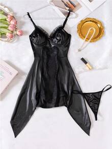 2 piezas Conjunto de lencería sexy con parches de piel sintética y encaje - Camiseta sin espalda y pantie - Negro - Ver 11