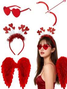 4pcs Cupid Valentine's Day Costume Set, Including Red Wings, Bow & Arrow, Headband And Glasses, Suitable For Holiday Role Play, Photo Props, Birthday Gifts, Romantic Decor, Special Nights, Anniversary Decor, Valentine's Day Party Supplies, Valentine's Day Costume Accessories, Unisex, Also Suitable For Singles Valentine's Day Party - Multicolor - View 1