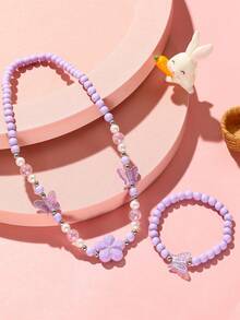 2pcs/Set Girls Cute Heart & Butterfly Beaded Necklace & Bracelet Set, Suitable For Daily Wear, Valentine's Day, Party, Girls Gift