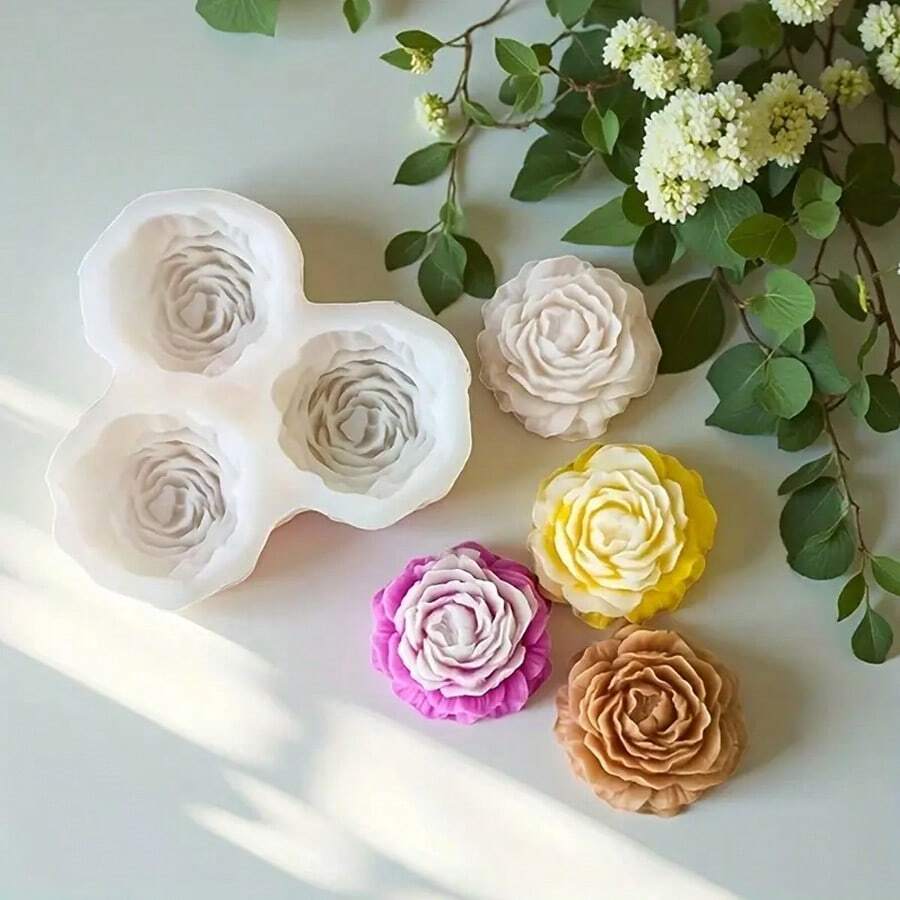 3腔玫瑰花造型硅胶模具，适用于蜡烛和香薰蜡烛