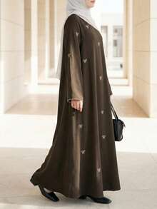 OENY | Đầm Kaftan dài bằng chiffon thanh lịch dành cho nữ, tay dài, được trang trí bằng họa tiết thêu bướm tinh tế, kiểu dáng cổ tròn giản dị, thích hợp cho mùa xuân. - Cà phê nâu - Xem 3