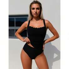 Women's Beach Tankini Swimwear – Two-Piece Soft Control Set With Full Coverage Bottom - Solid Black - 查看 1