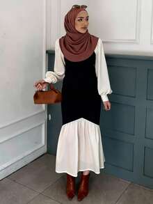 DAZY Elegant Spring Stylish Date Night Patchwork Puff Sleeve Fishtail Midi Dress For Women Prom Dress Elegant,Fall Dress Long Sleeve Dress - Black - View 4