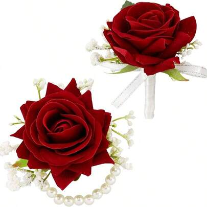 Bridal Wedding Boutonniere And Wrist Corsage Set, 2 Pieces Fake Flower Brooch Set For Wedding Party, Bridesmaid Groomsmen CorsageArtificial Rose Fake Flower Silk Flower:.Pearl AccentedBridal Brooch . Elegant