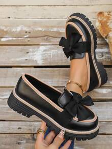 Women's Fashion New Loafers Shoes Shoes Bowknot Thick Sole, All Season - Black - View 3
