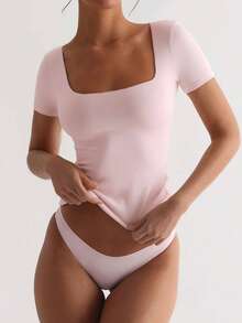 XLLAIS Blusa básica de manga corta y cuello cuadrado - Rosa Pálido - Ver 1