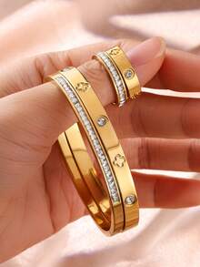 4pcs Stainless Steel Four-Leaf Clover Rhinestone Bracelet & Ring Set, Waterproof & Fade-Resistant, Suitable For Women's Daily Wear, Holiday Gift - Jewelry Set - View 7