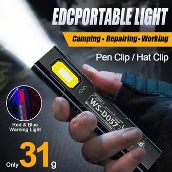 1 pieza Luz de trabajo portátil ultra delgada EDC, solo 31g con clip para gorra/mochila, batería incorporada grande y 5 modos de iluminación, para exteriores, hogar y cajas de herramientas