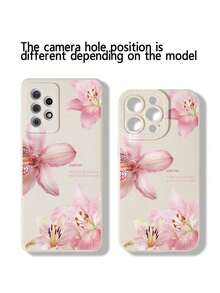 1pc Perforated Straight Edge Pink & Blue Floral Painted Thick Anti-Drop Phone Case Cover - 白色 - 查看 5