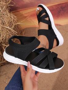 Sandálias Rasteiras Casuais Femininas, Sola Macia para Uso Externo, Moda Versátil, Estilo Deusa Romana, Sola Grossa, Cor Sólida, Praia, Cruzada - Preto - Visão 5