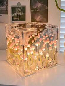1pc DIY Cube Tulip Night Light, Creative Tulip Flower Design, Battery Powered, Mirror Surface, Beautiful Tulip Flower, Suitable For Home Bedroom Decor, Tabletop Decor, Valentine's Day Gift, Mother's Day Gift, Birthday Gift And Handmade DIY Gift - 立方體 - 查看 13