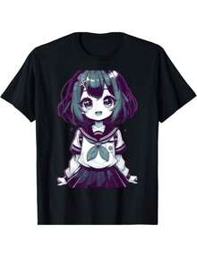 Anime Girl T-Shirt With Vaporwave Aesthetic, Waifu, Soft Grunge, Otaku Chic.Jpg - 黑色 - 查看 1