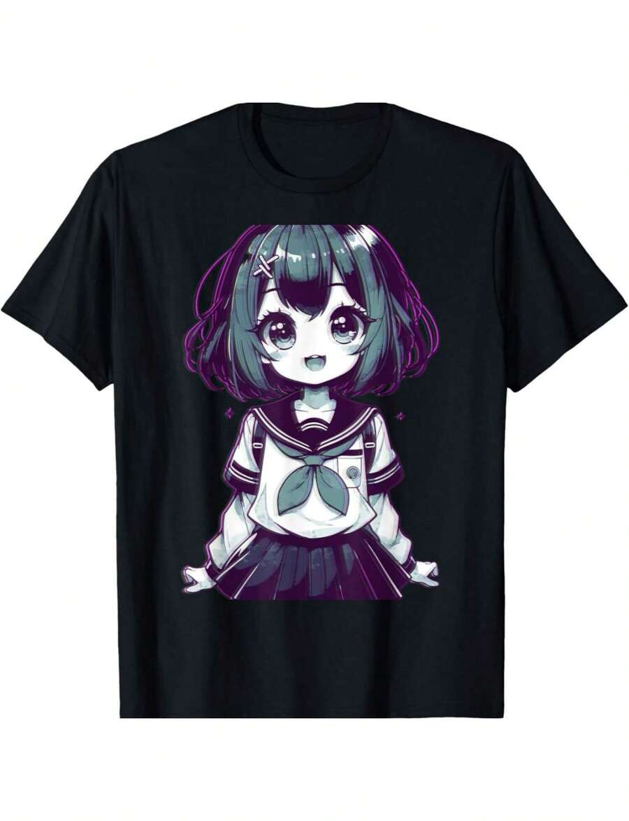 Anime Girl T-Shirt With Vaporwave Aesthetic, Waifu, Soft Grunge, Otaku Chic.Jpg - 黑色 - 查看 1